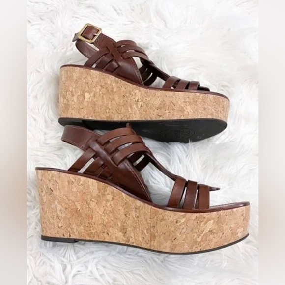 Tory Burch Leslie Brown Cork Platform Wedge Sandals 9 - Picture 2 of 10